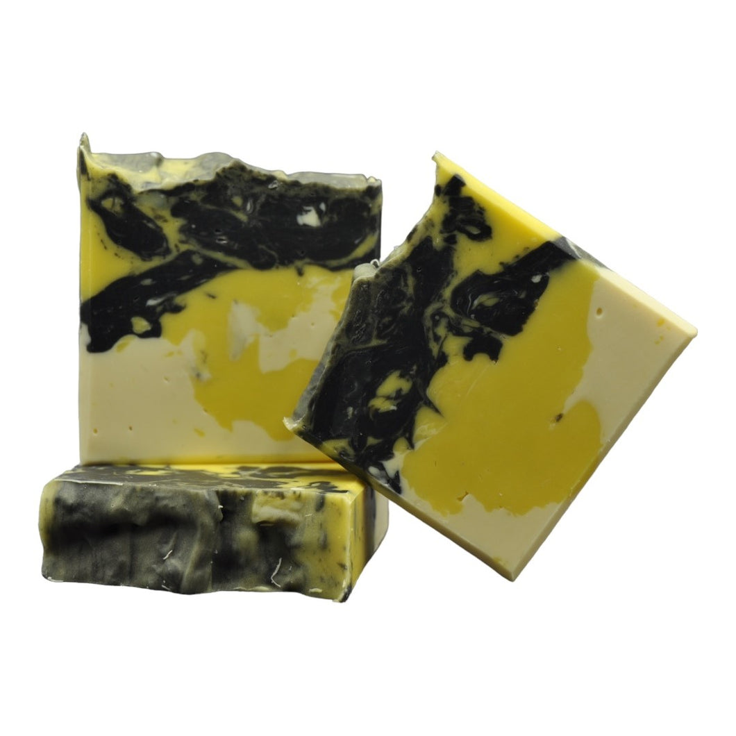 yellow and blak and white with textured top soap allergen free fragrance duft seife