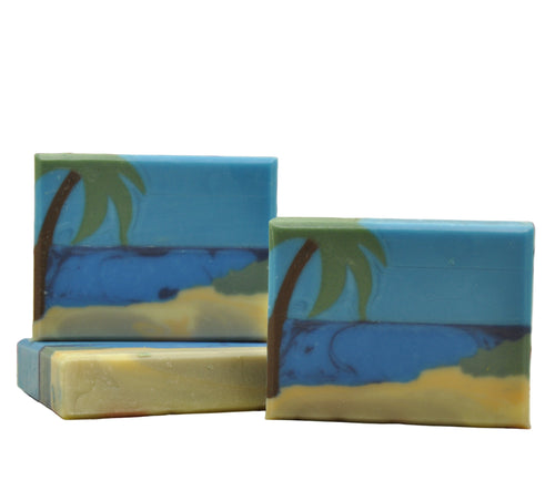 Nahaufnahme der Palm Seife mit detailliertem Palmen- und Stranddesign