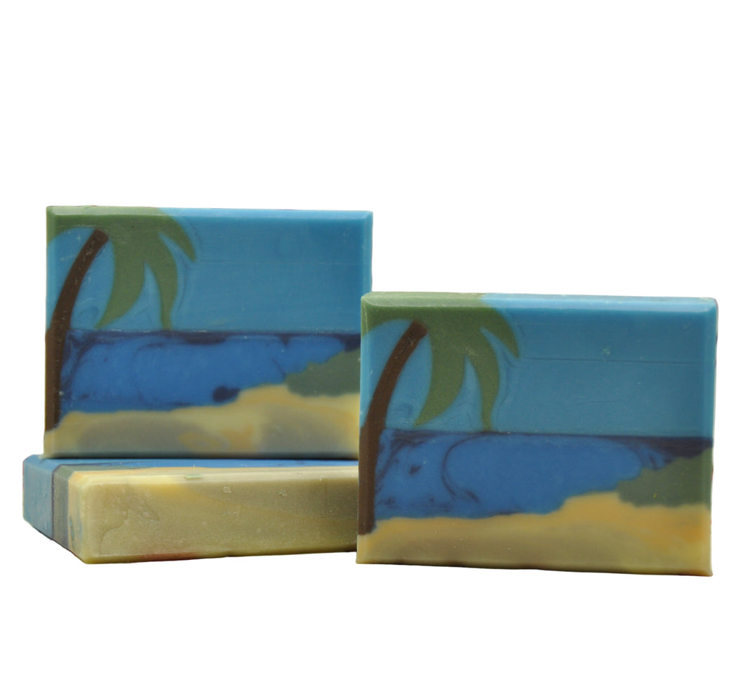 Nahaufnahme der Palm Seife mit detailliertem Palmen- und Stranddesign