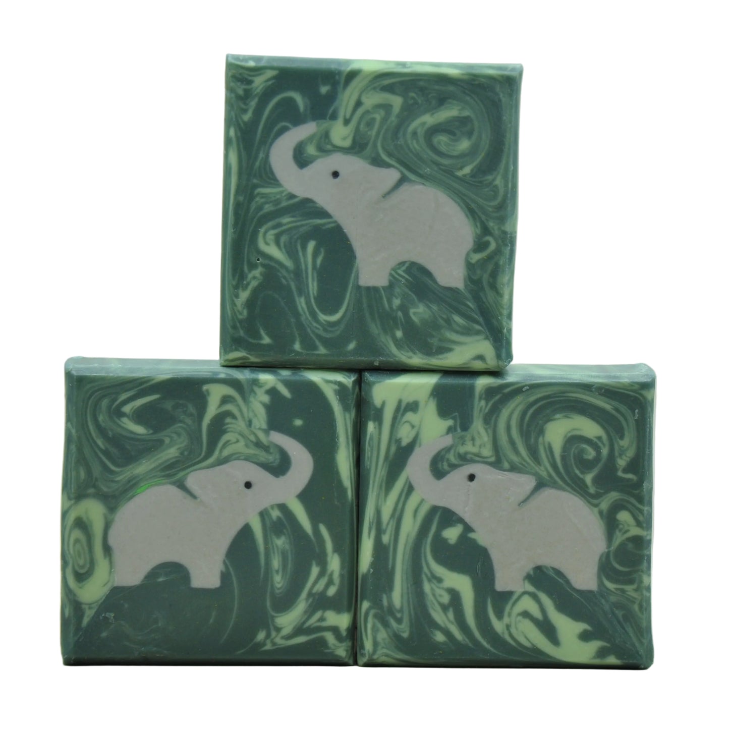  Drei Lucky Elephant Seifen in verschiedenen Winkeln angeordnet, mit grünem Marmelmuster und weißer Elefanten-Silhouette