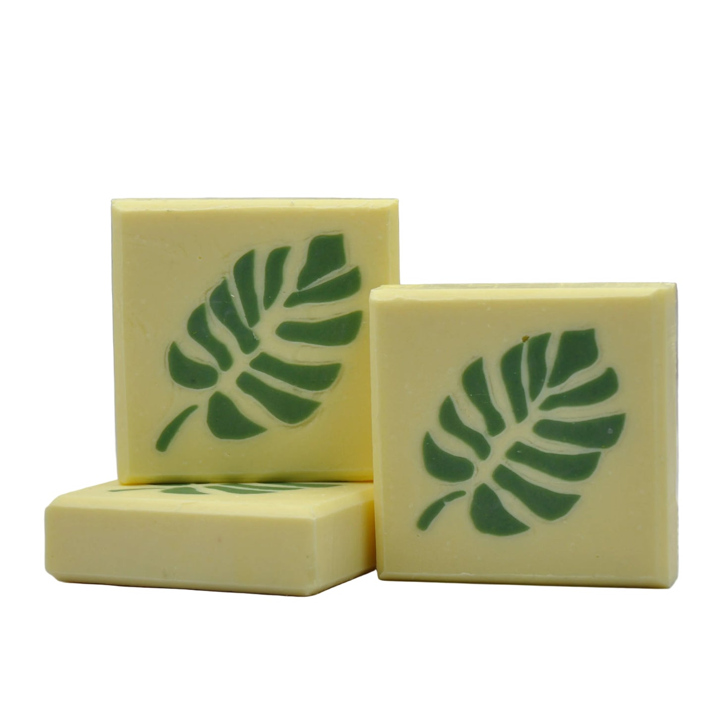 Vegan-Seife „Monstera“ mit einem grünen, tropischen Blattmotiv auf cremiger, handgefertigter Kunstseife.