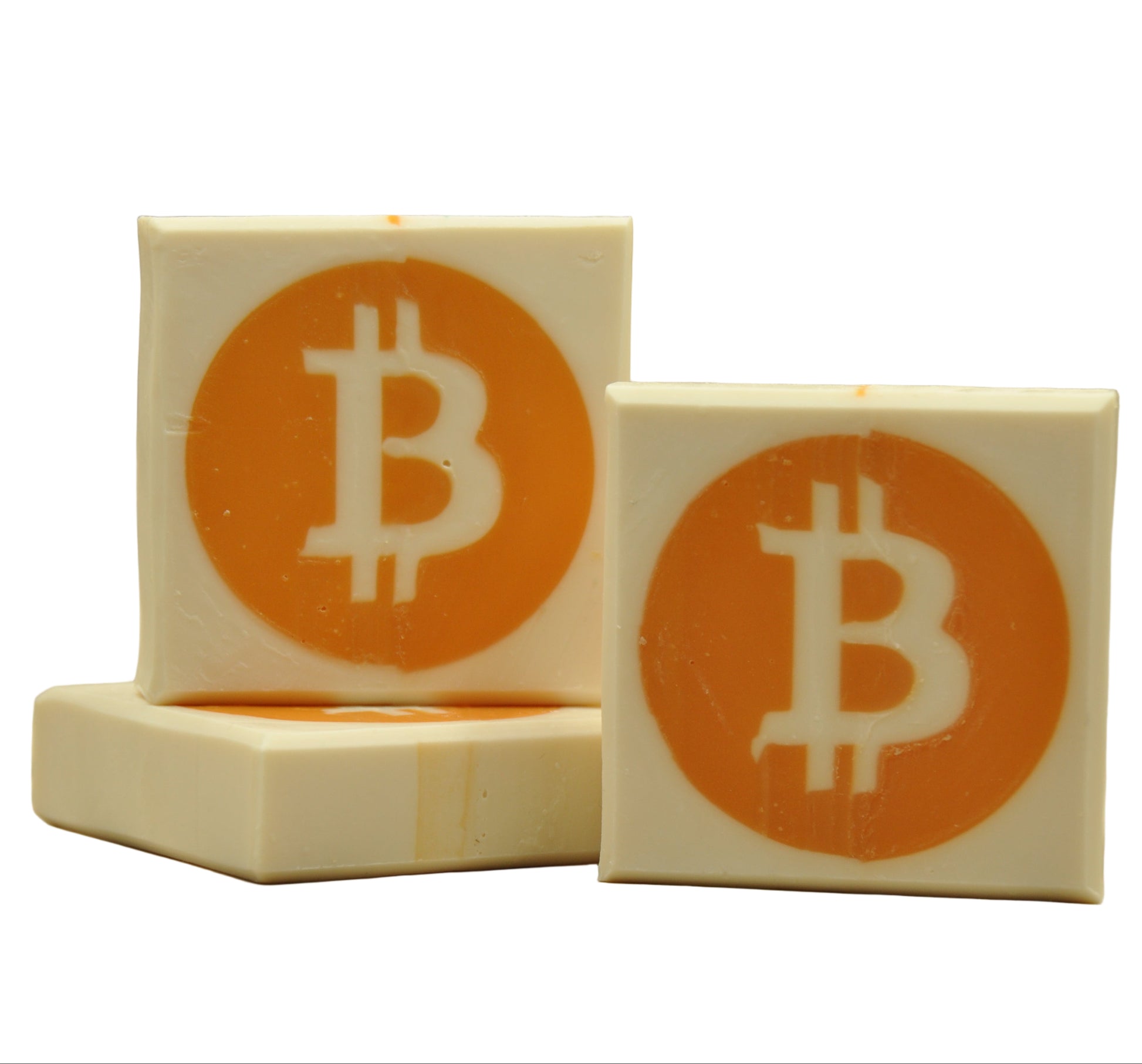 Vegane handgemachte Seife mit Bitcoin Motiv im Inneren der Seife