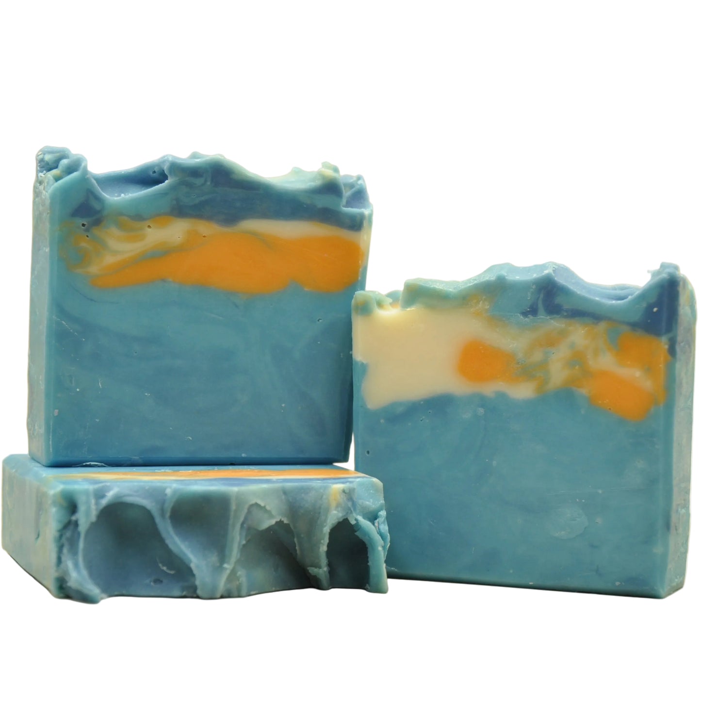 Vegane handgemachte Seife mit blau-orange marmoriertem Swirl Muster