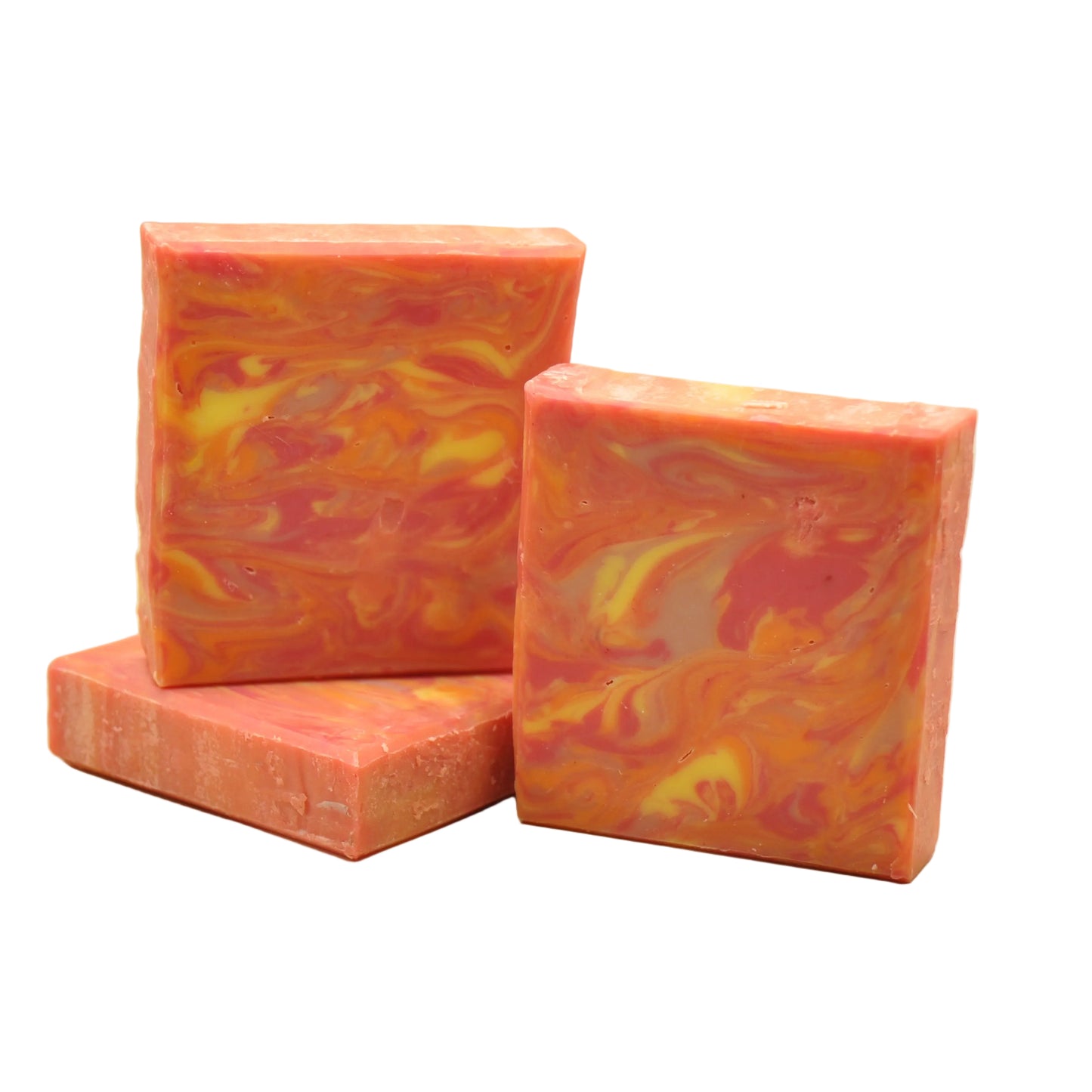 Vegane handgemachte Seife mit gelb-orange marmoriertem Swirl Muster