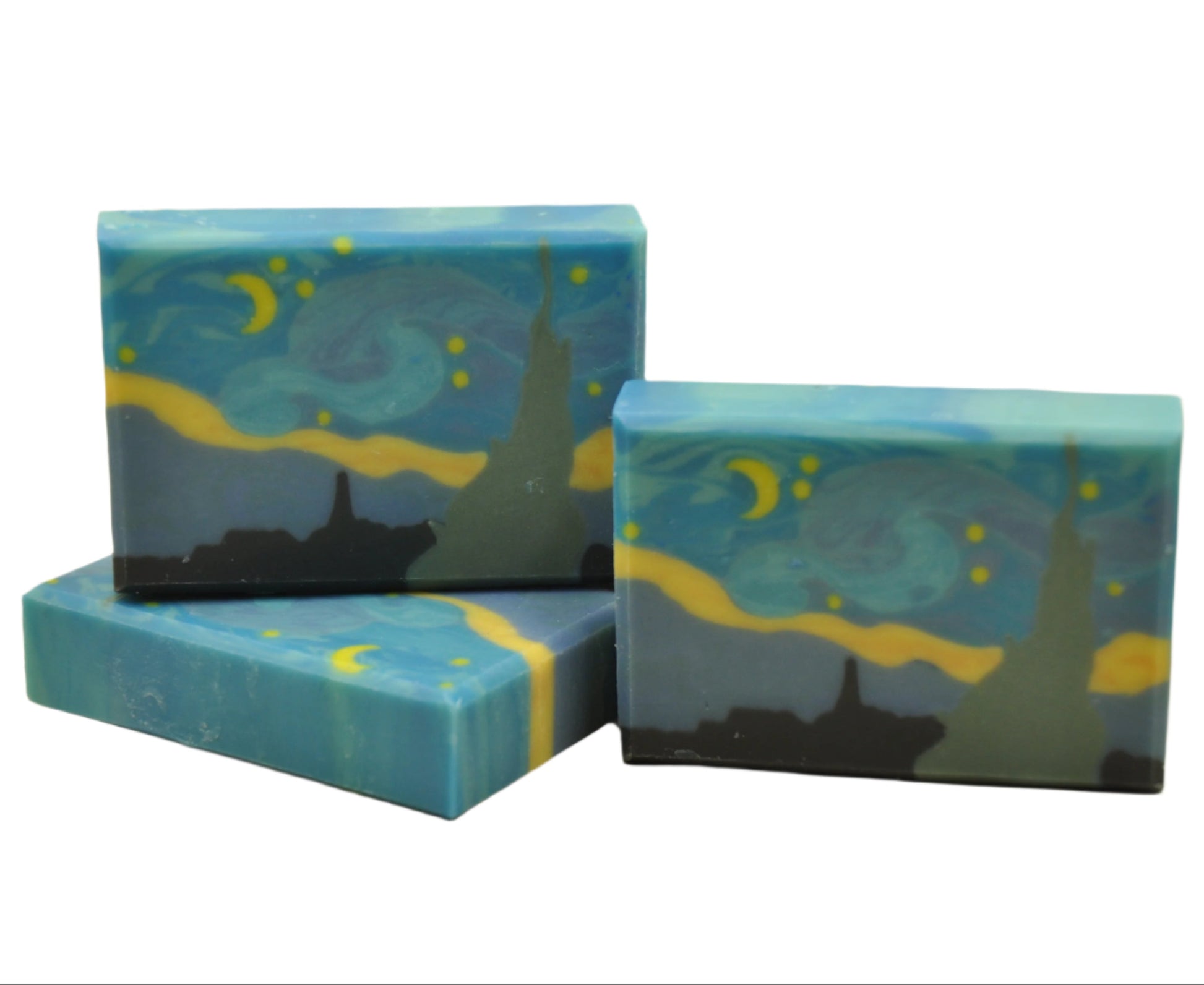 Drei handgemachte Seifen mit Van-Gogh-Sternennacht-Motiv in Blau, Grün und Gelb