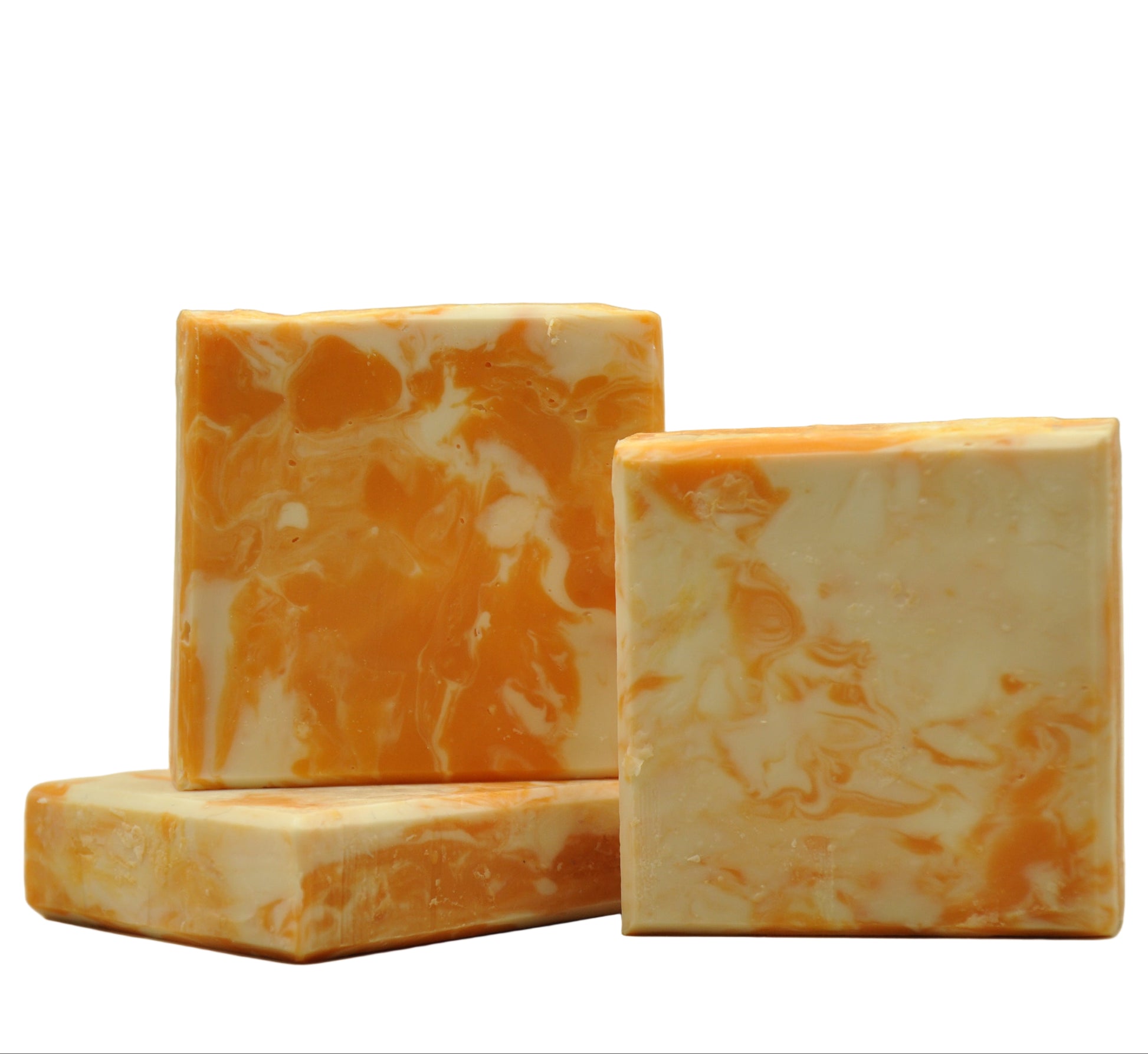 Vegane handgemachte Seife mit orange-weiß marmoriertem Swirl Muster
