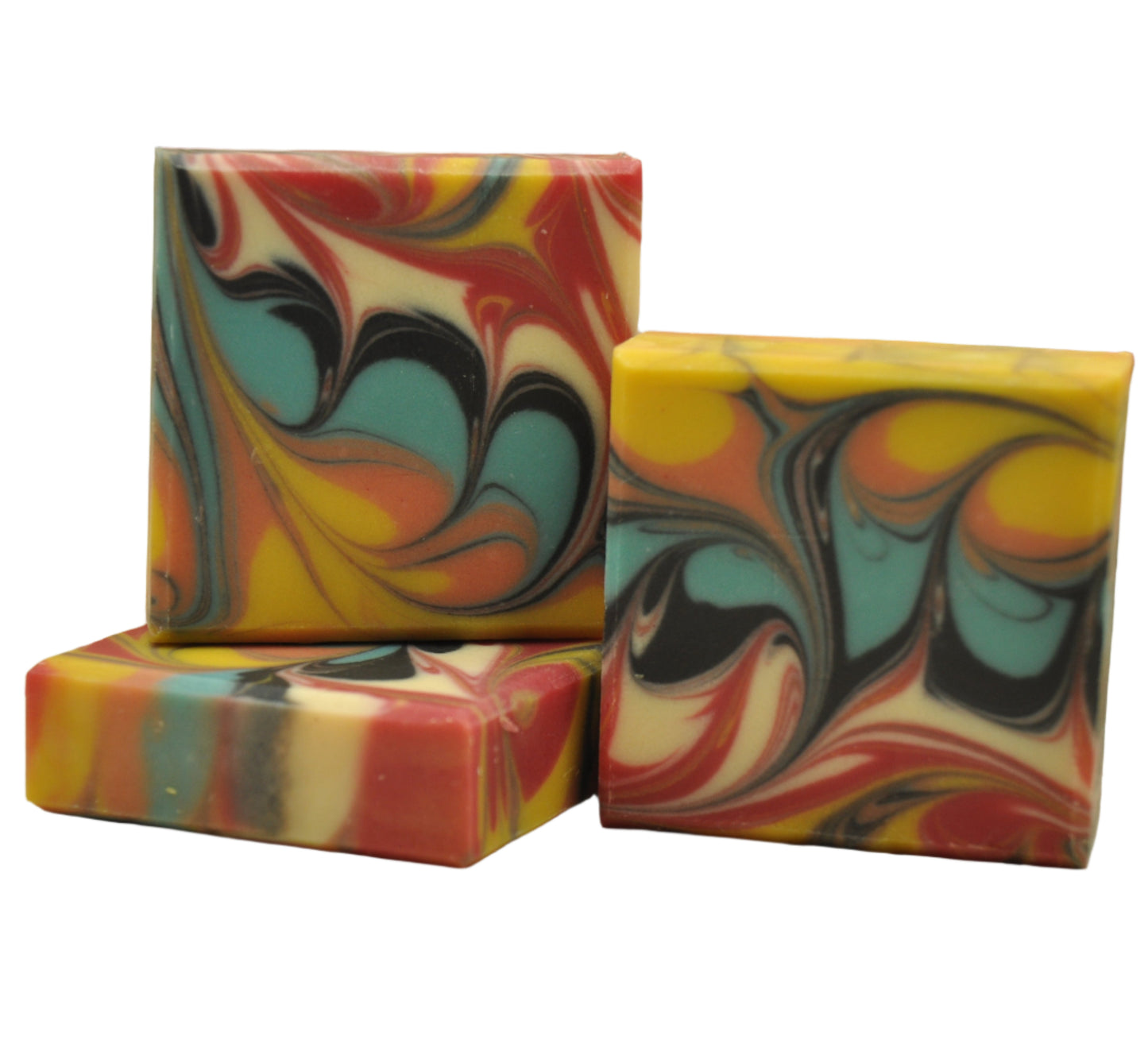 Handgemachte Ziegenmilchseife Dahlia mit buntem marmorierten Swirl Muster