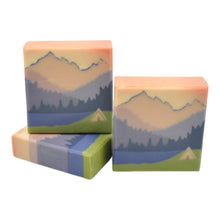Load image into Gallery viewer, Camping soap tent in fron t of lake and mountains in pink and violet green grass seife
