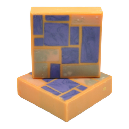 Piet Mondrian Inspired soap violet and grey blocks on orange frame seife