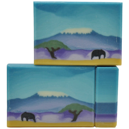 Kilimanjaro soap with tree and elephant in front, snow cap on Kilimanjaro Seife 