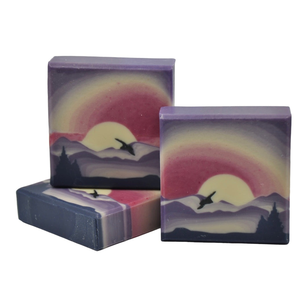 sunset soap. mountains pink violet bird flying landscape soap layers soap