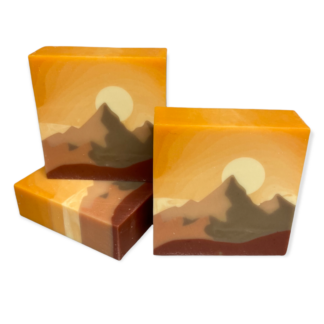 Mt. Everest Soap sunset sunrise from orange to white sun behind mountain climbing mountaineering warm colors mountain love 